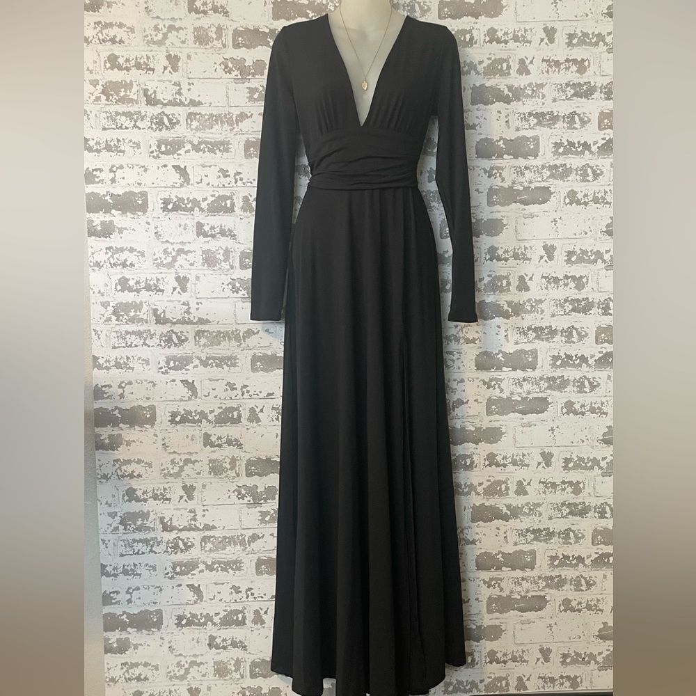 Baltic Born Black Long Sleeve Maxi Dress Empire Waist Slit M Classic Timeless - Picture 2 of 8